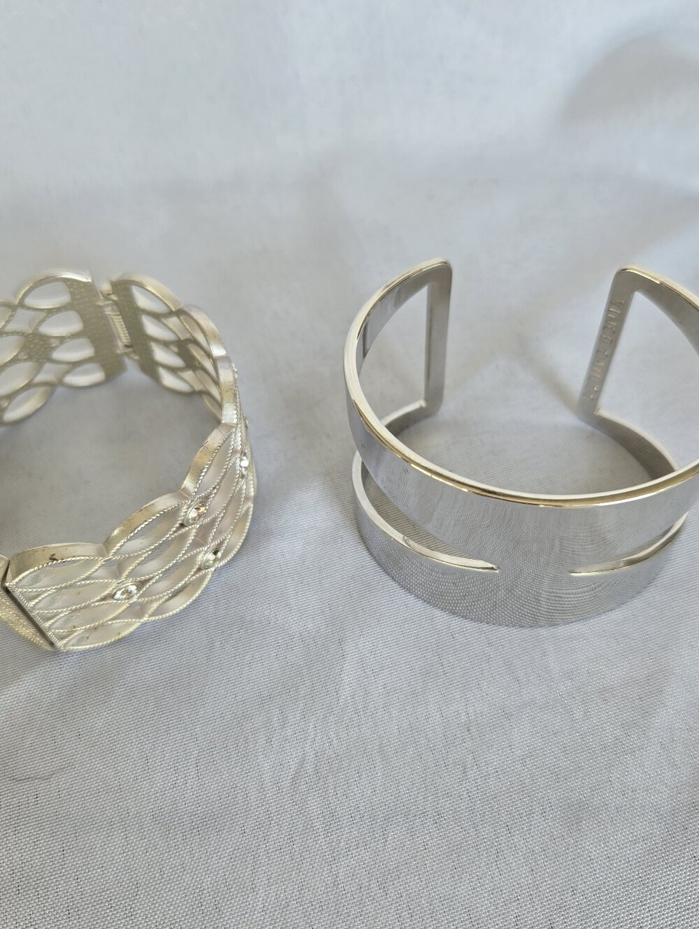 Set of 2 Silver Tone Statement Cuff Bracelets –Rhinestone Openwork & Modern Wide - Picture 10 of 13